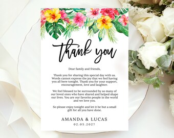 Tropical Thank You Note, Printable Thank You Card, Thank You Letter, Wedding Table Decor, Bridal Shower, Hawaiian, Digital File WE085 BR085