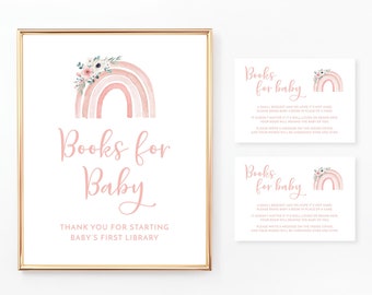 Regenboogboeken voor babyteken en kaarten, baby showerboekverzoek, uitnodigingsinvoegsel, bloemenbabyshowerteken, babybibliotheek, roze, BA083