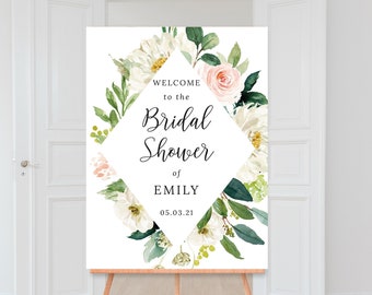 Bloemen bruids douche welkomstbord | Afdrukbaar | Huwelijksdouche, bruidsbrunch, vrijgezellenfeest | Blozen en roze bloemen, groen | BR061