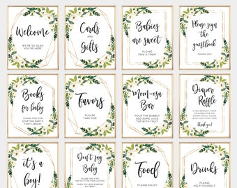 12 Baby Shower Signs Bundle, Printable, Signage Pack, Baby Shower Signs Set, Baby Shower Decor, Floral, White Flowers, Greenery, BA002