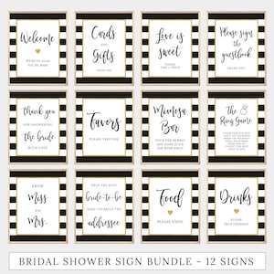 12 Bridal Shower Signs Bundle, Printable Signs, Signage Pack, Signs Pack, Wedding Shower Signs Set, Black and White Gold, Digital File BR031