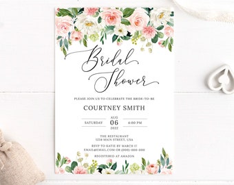 Floral Bridal Shower Invitation, Bridal Shower Invite, Pink Flowers, Greenery, Printable Wedding Shower Invite, Bridal Brunch, BR029