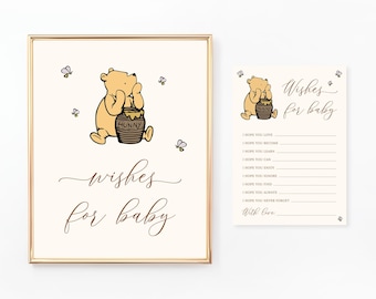 Winnie the Pooh Wishes for Baby Sign and Cards, Printable Wishes for Baby, Well Wishes, Classic Pooh Bear, Baby Shower Activities, BA087