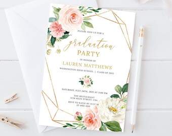 May include: A white graduation party invitation with gold geometric accents and floral illustrations. The invitation includes the text "Graduation Party" and event details. A white envelope and pencil are next to the invitation.