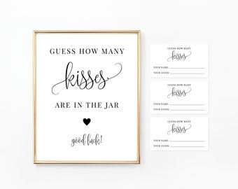 Guess How Many Kisses Are in the Jar Sign and Tickets, Fun Bridal Shower Game, Candy Game, Modern, Minimalist, BR030