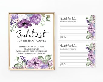 Bucket List Sign and Cards, Wedding Bucket List, Bucket List Ideas, Floral Bridal Shower, Wedding, Purple and Lilac Flowers WE026 BR026