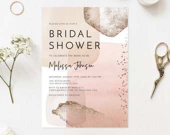 Bridal Shower Invitation, Bridal Shower Invite, Blush Pink and Gold, Printable Wedding Shower Invite, Modern Abstract Art Digital File BR076