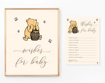 Winnie the Pooh Wishes for Baby Sign and Cards, Printable Wishes for Baby, Well Wishes, Classic Pooh Bear, Baby Shower Activities, BA087