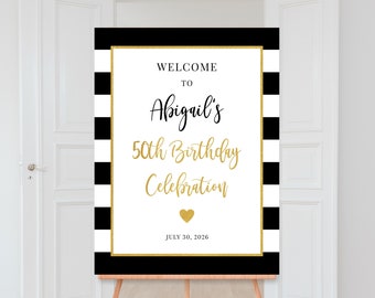 Birthday Party Welcome Sign, Printable Sign, Anniversary, Welcome Poster, Black and White Striped, Black and Gold, Digital File, BP031
