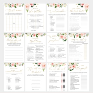 12 Bridal Shower Games Bundle, Printable Shower Games Package, Floral Wedding Shower Games Pack, Blush and Pink Flowers, BR041