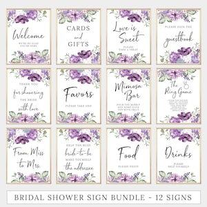 12 ensemble de signes de douche nuptiale, imprimable, floral, pack de signalisation, ensemble de signes de douche de mariage, violet, violet, fleurs lilas, fichier numérique, BR026