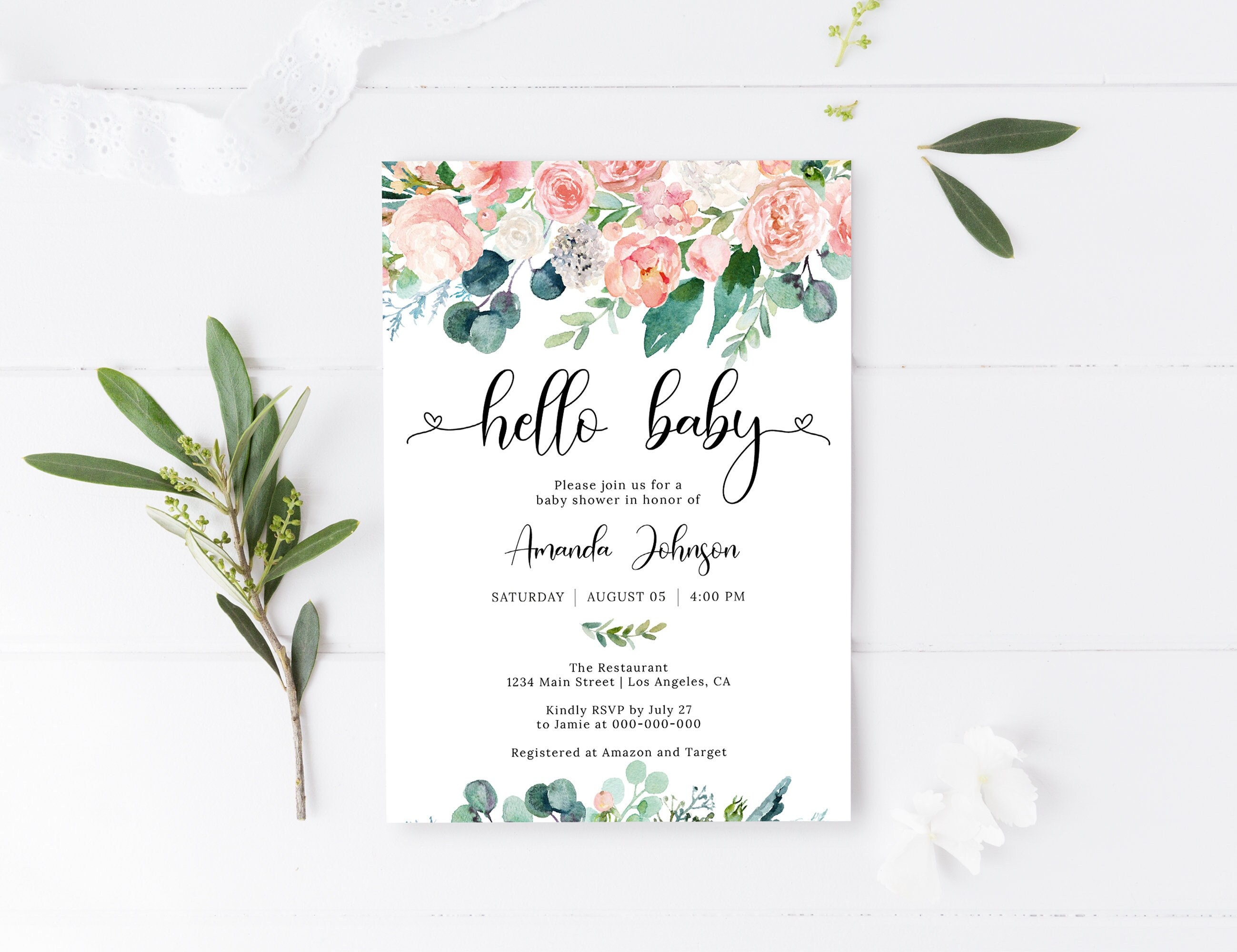 Floral Baby Shower Invitation, Hello Baby, Baby Shower Invite