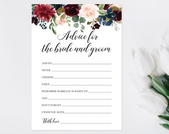 Advice for the Bride and Groom | Printable Bridal Shower Game | Wedding Shower | Burgundy and Navy Floral, Flowers | Instant Download| BR028