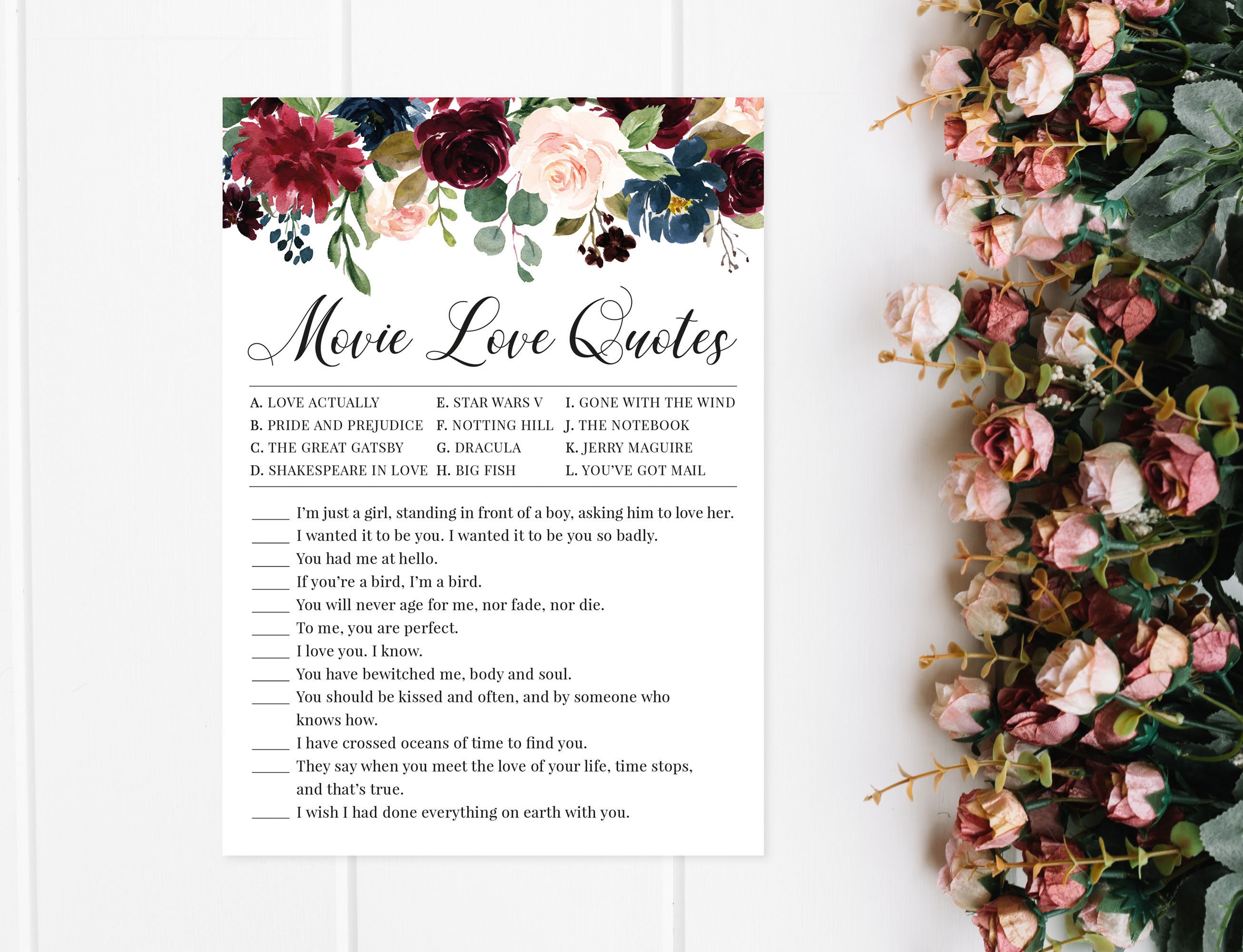Movie Love Quotes Game Printable Bridal Shower Game Etsy