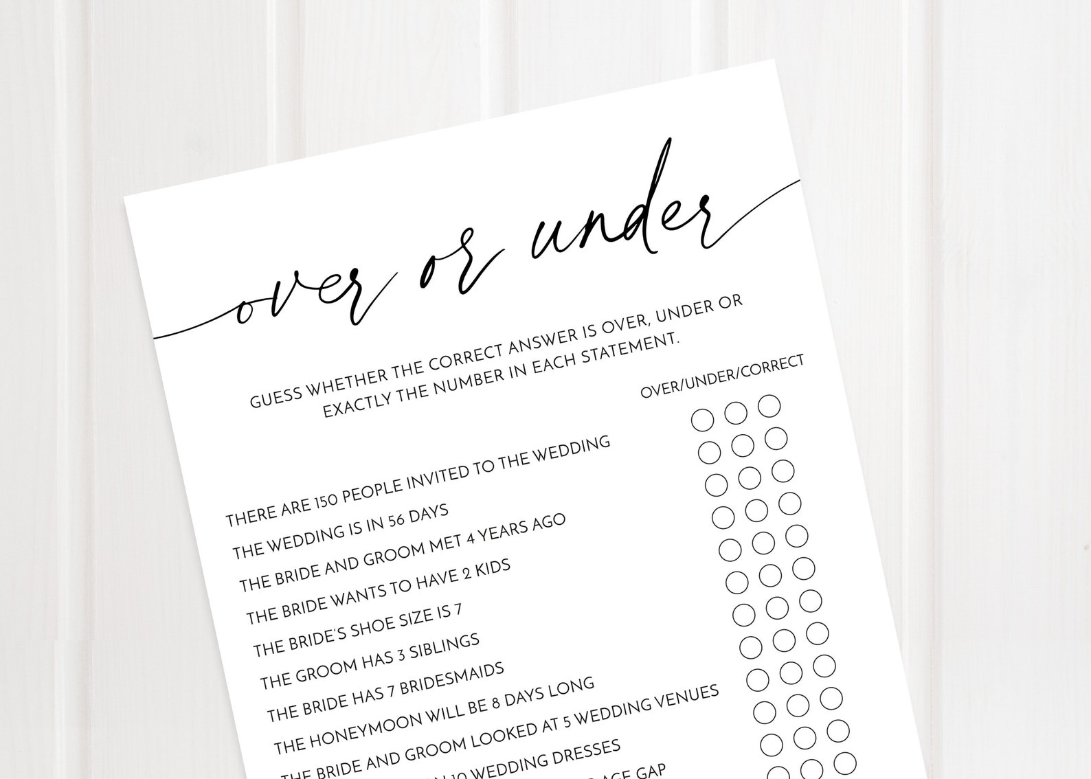 Over or Under Bridal Shower Game, Printable Game, Wedding Shower ...