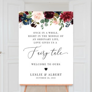 Wedding Welcome Sign | Printable Welcome Sign | Floral Welcome To Our Fairy Tale Sign, Burgundy and Navy Flowers | Digital File, WE028