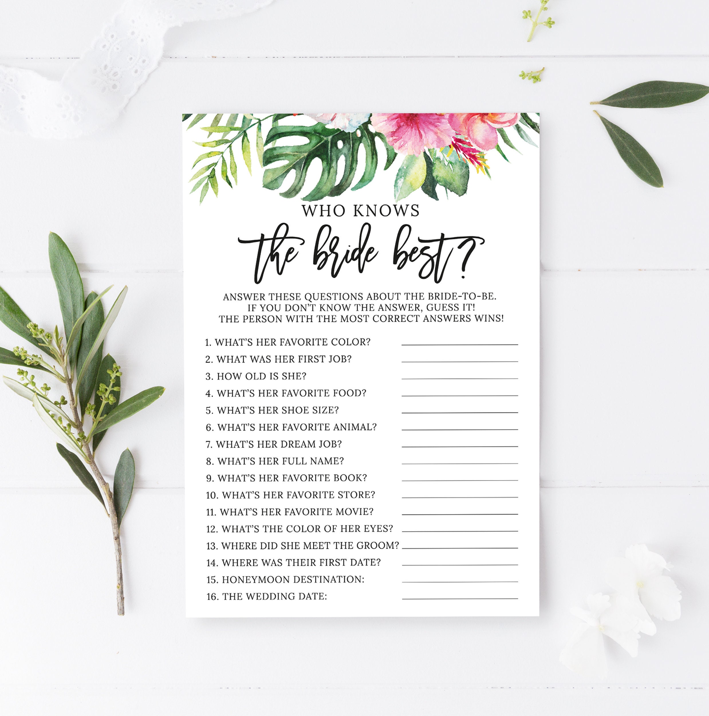 Tropical Who Knows the Bride Best, How Well Do You Know the Bride, Bridal Shower Game, Floral Wedding Shower, Pink Flowers, Hawaiian, BR025