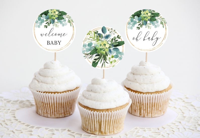 Greenery Baby Shower Cupcake Toppers Printable Cupcake - Etsy