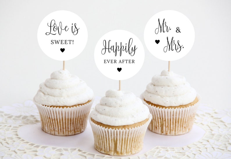 Wedding Cupcake Toppers, Printable Cupcake Toppers, Favor Tags, Wedding Decor, Modern, Minimalist, Digital File, WE030 image 1