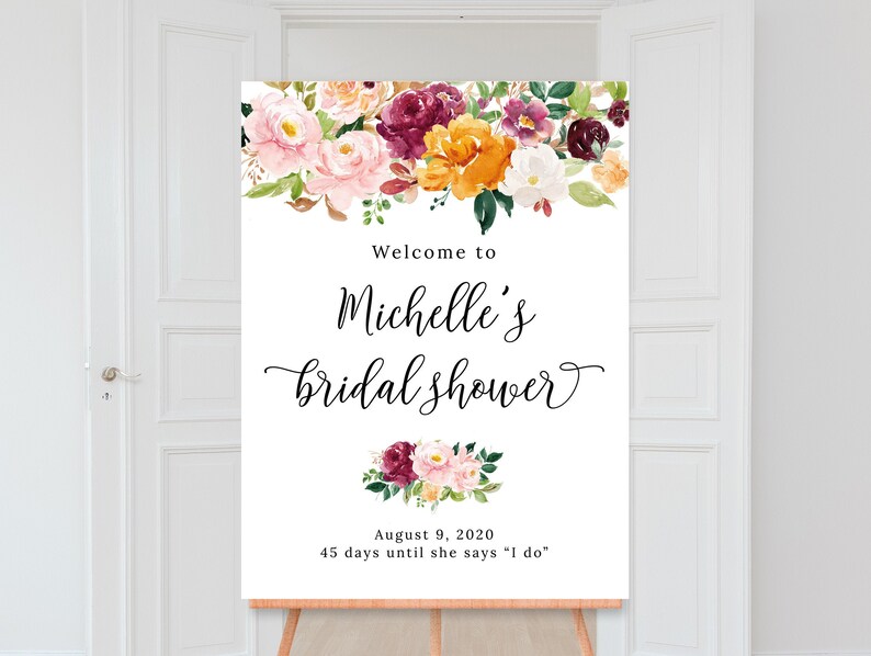 Floral Shower Shower Welcome Sign Printable Blush and Orange Flowers BR052 Floral Bridal Shower Welcome Sign Burgundy Digital File