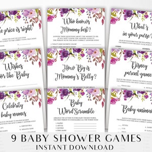 Baby Shower Games Bundle, Printable Shower Games Package & Activities - Purple, Floral, Lilac, Flowers - DIGITAL FILE - BA006