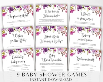 Paquete de juegos de baby shower, paquete de juegos de ducha imprimible y actividades - Púrpura, Floral, Lila, Flores - ARCHIVO DIGITAL - BA006