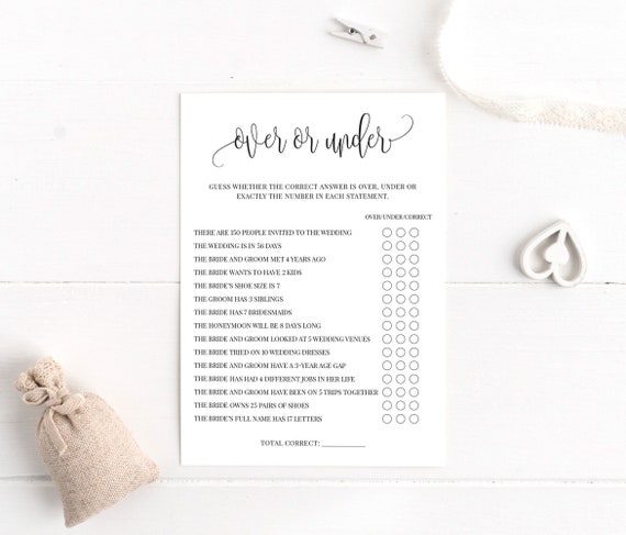 Over or Under Bridal Shower Game Printable Game Wedding | Etsy