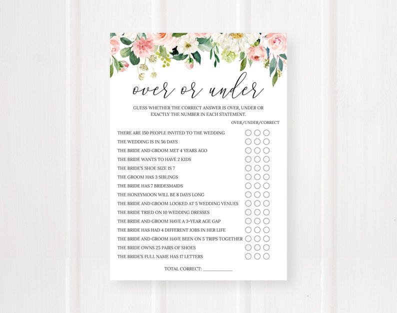 Over or Under Bridal Shower Game Printable Game Floral | Etsy