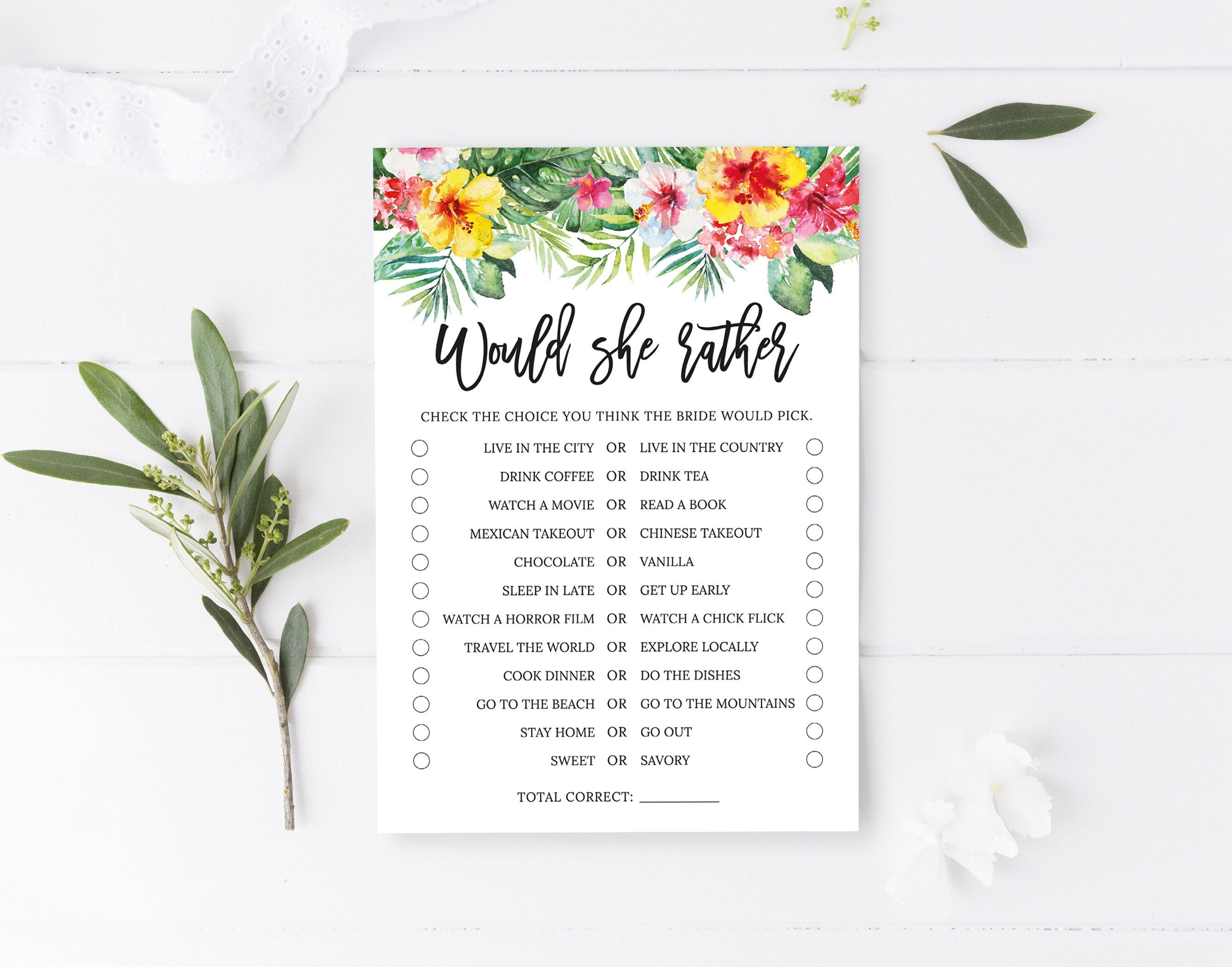 Tropical Would She Rather Game, Bridal Shower Game, Printable Game, Wedding Shower, Hawaiian, Pink Flowers, Greenery, Digital File, BR085