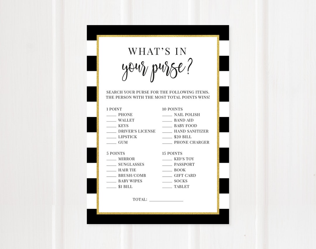 What's in Your Purse? Game, Baby Shower Games, Black and White, Gold ...