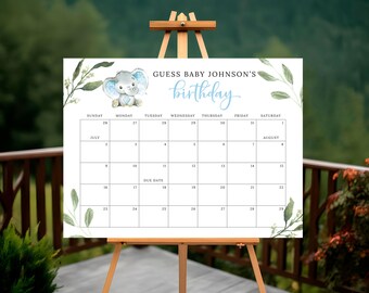 Errate den Geburtstag des Babys, Printable Baby Due Date Kalender, errate das Geburtsdatum des Babys, Baby Shower Greenery, Blau, Elefant, Digitale Datei BA059