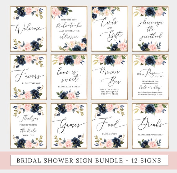 pink Bridal Shower Sign Pack INSTANT DOWNLOAD Printable Bridal Tea Sign Bridal Shower Sign Package Bundle blue Editable Sign