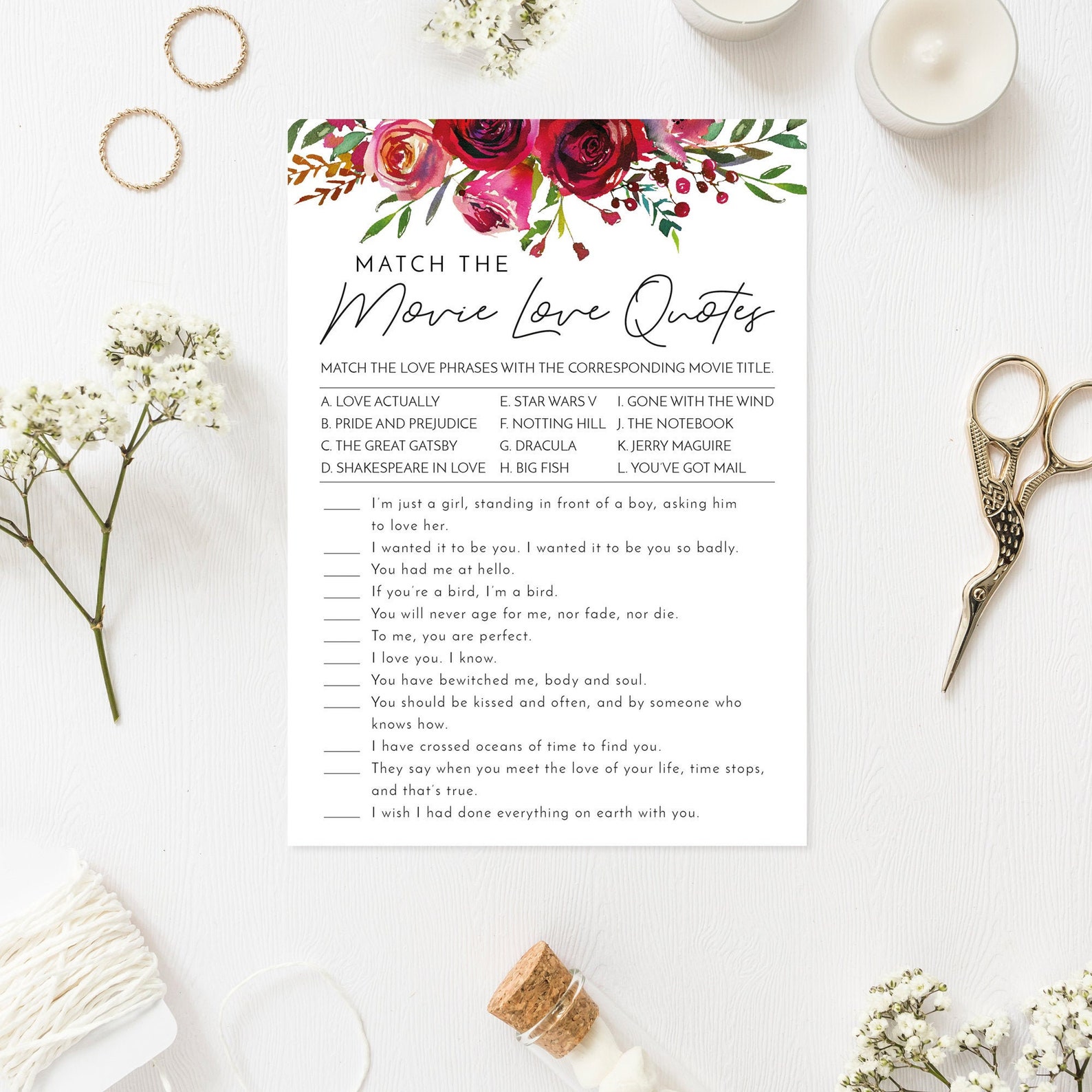 Movie Love Quotes Game Printable Bridal Shower Game Floral Etsy