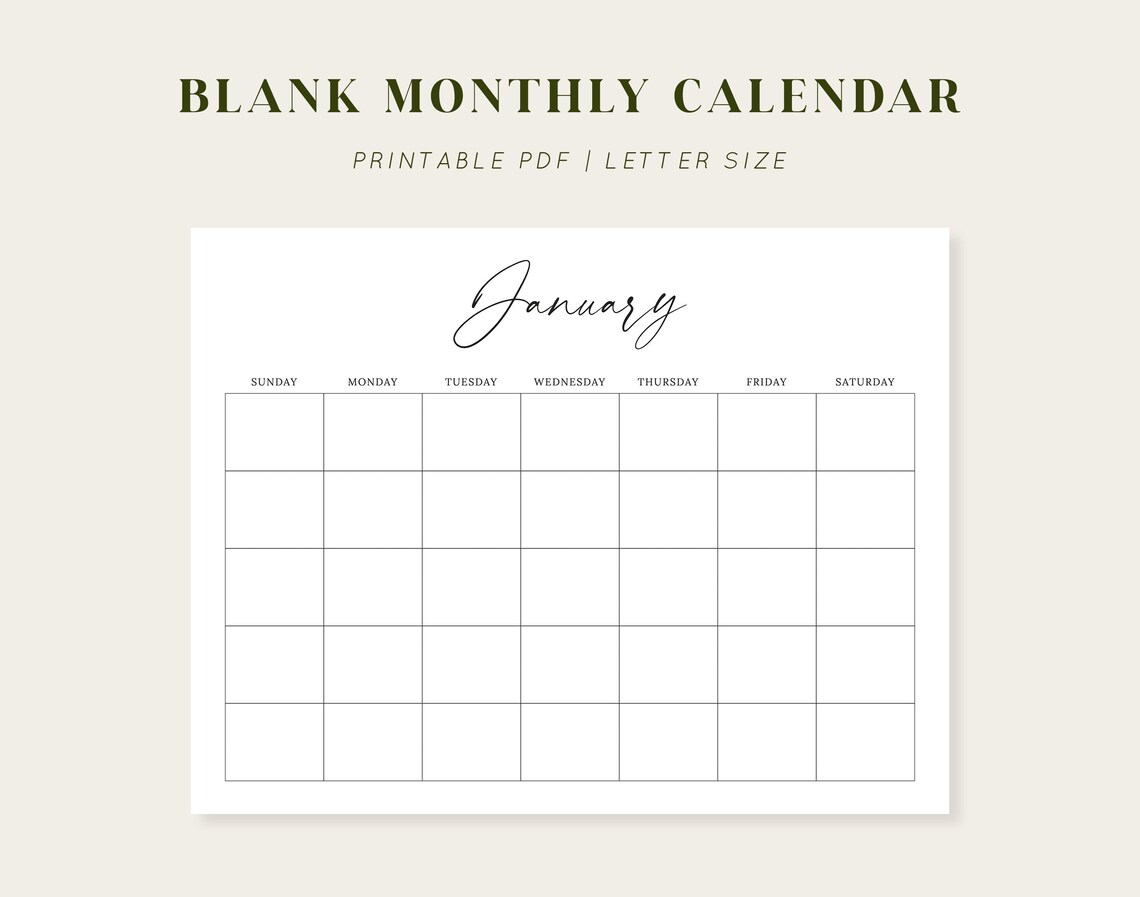 Blank Monthly Calendar Printable Calendar 8.5x11 - Etsy
