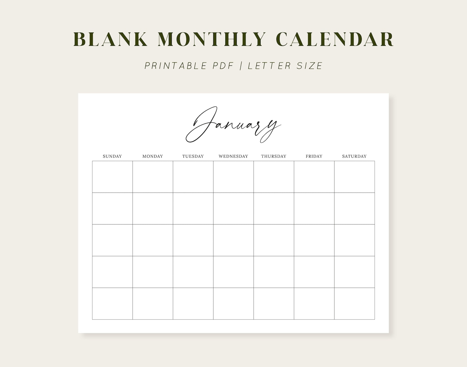 Blank Monthly Calendar, Printable Calendar, 8.5x11, Letter Size ...