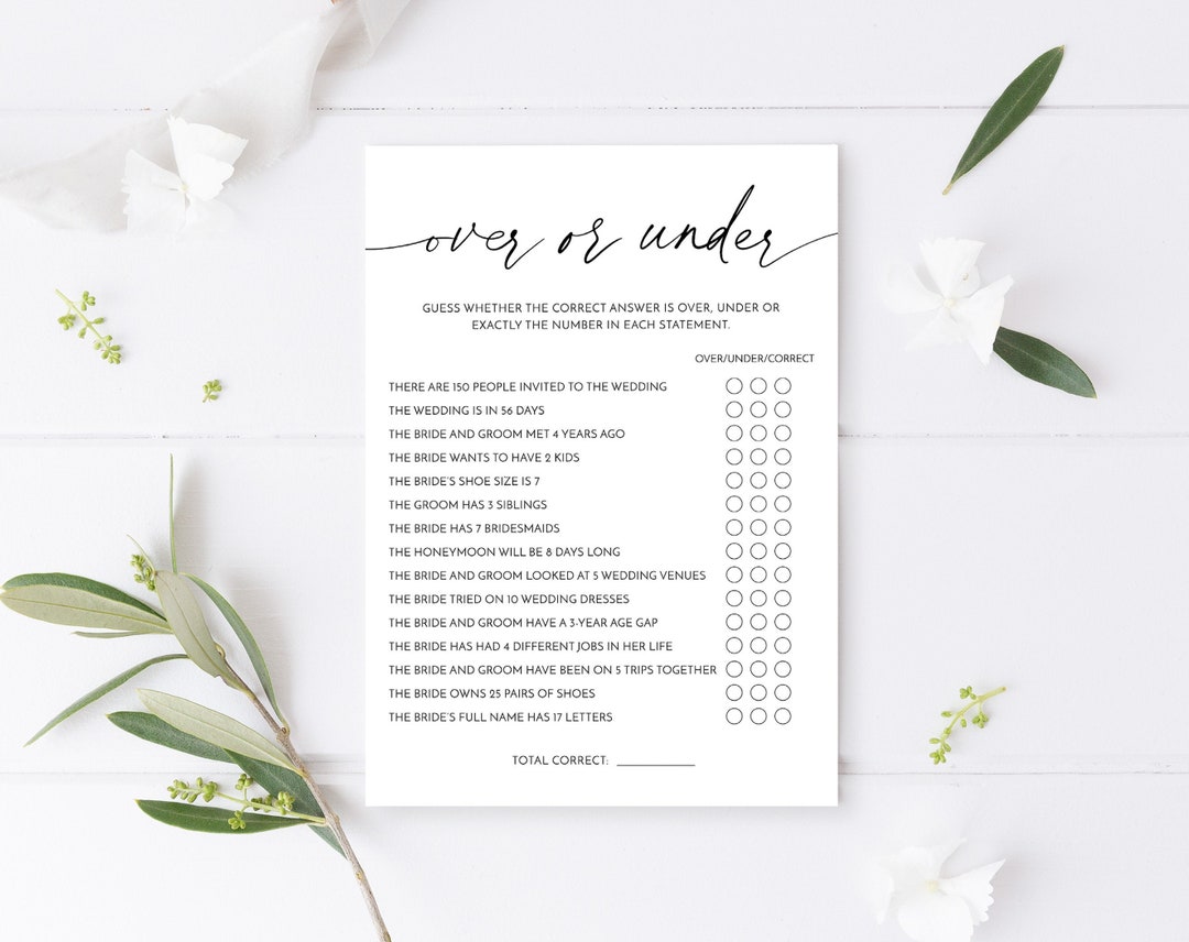 Over or Under Bridal Shower Game, Printable Game, Wedding Shower ...