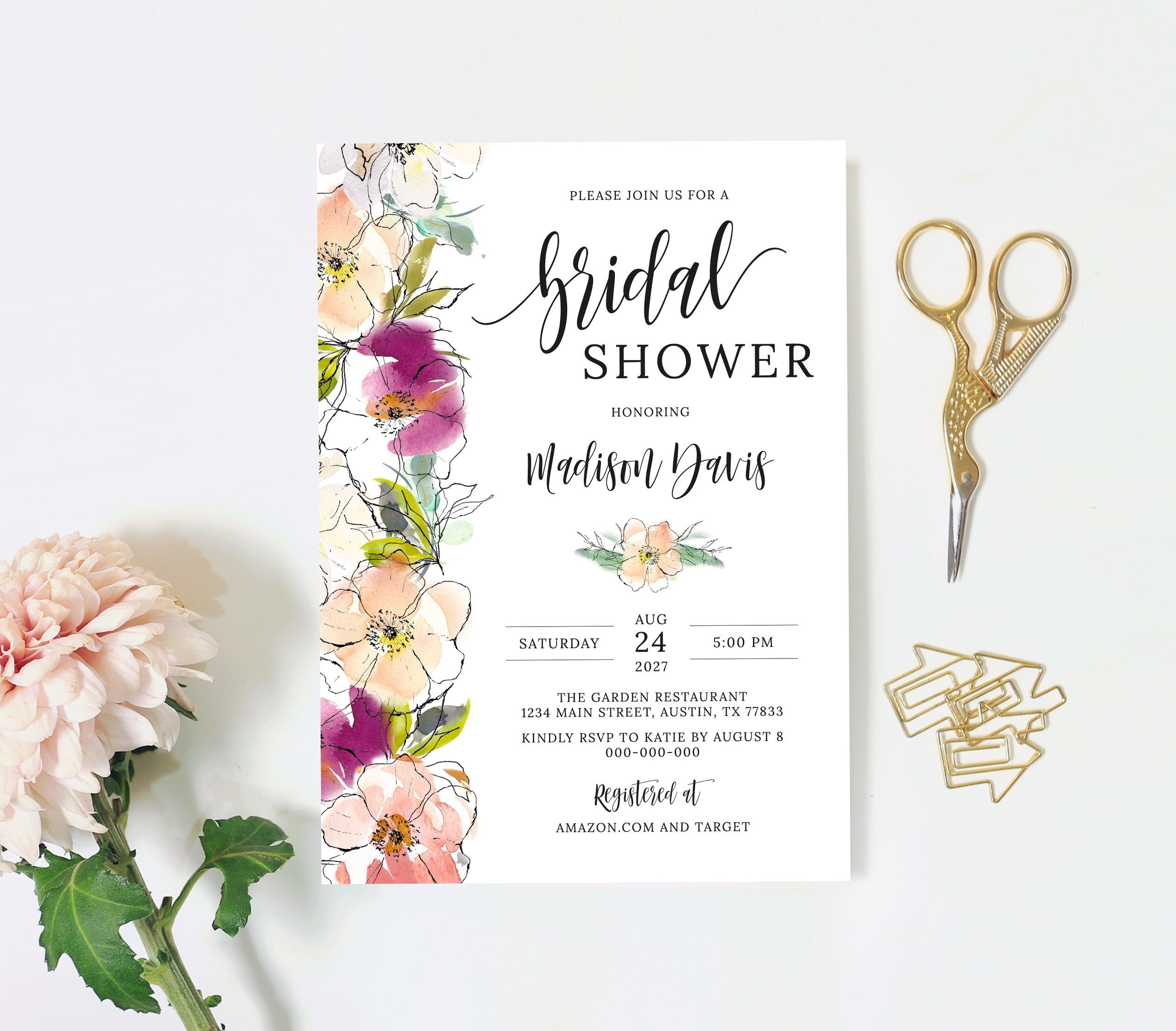 Floral Bridal Shower Invitation, Bridal Shower Invite, Printable Shower ...
