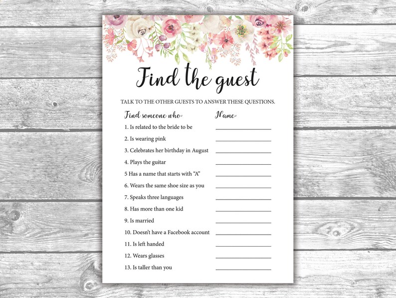 Find the Guest DIGITAL FILE Bachelorette Activities F31001 Floral Pink Flowers Printable Bridal Shower Games
