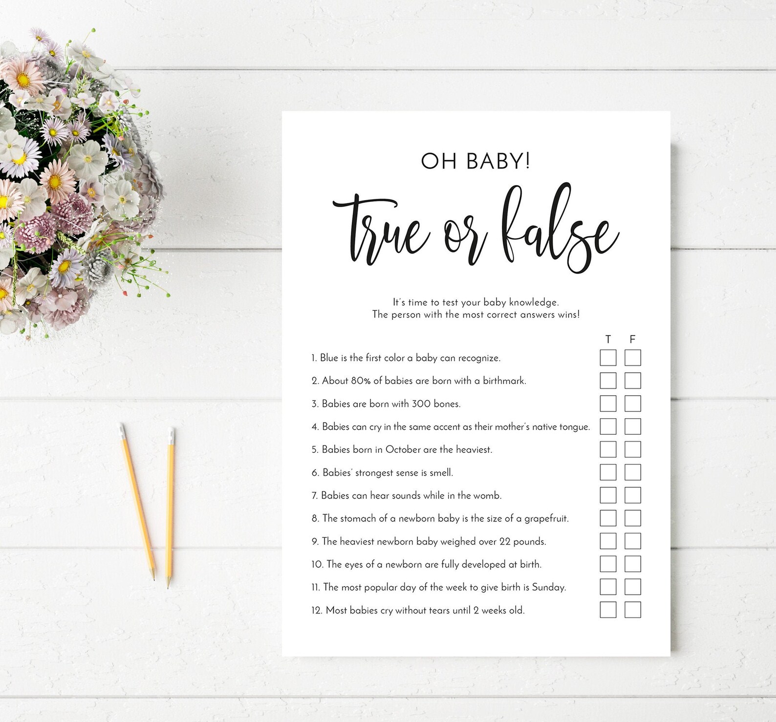 True or False Baby Shower Game, Printable Game, Baby Shower Trivia
