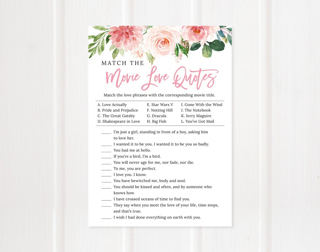 Match the Movie Love Quotes Game, Printable Bridal Shower Game, Floral
