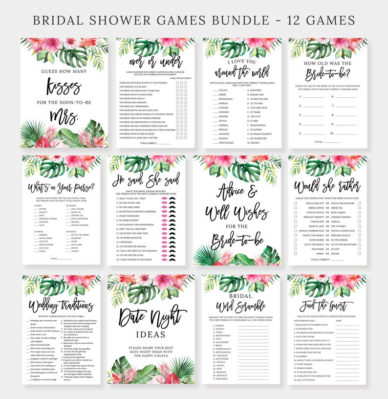 Bridal Shower Games Bundle, 12 Games, Tropical, Hawaiian, Pink Flowers, Printable Shower Games Package, Wedding Shower Games Pack, BR025 image 1