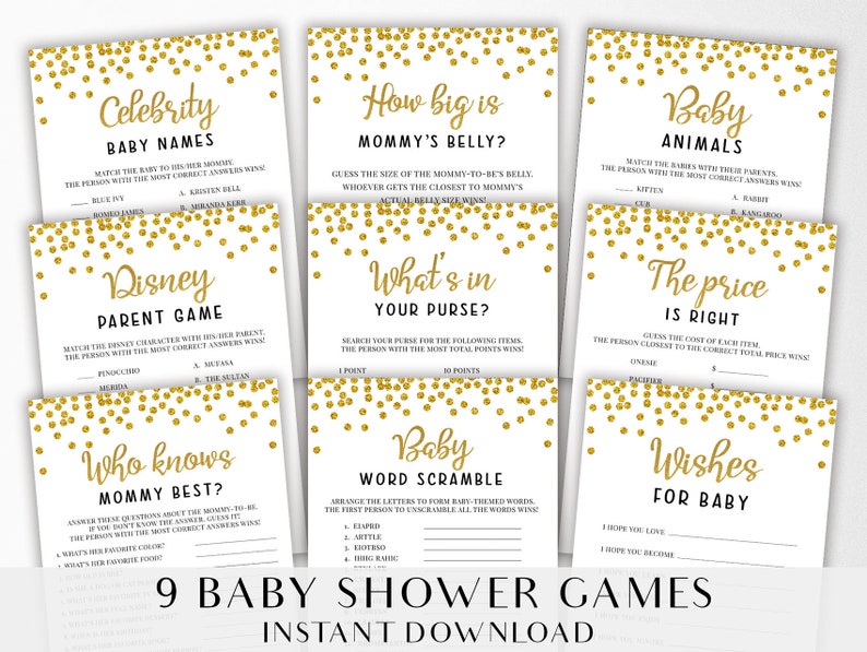 Gold Confetti Baby Shower Games 016 Printable Gold Baby Shower Games Bundle Printable Baby Shower Games Package