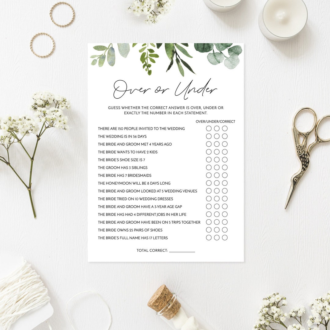 Over or Under Bridal Shower Game | Printable Game | Wedding Shower ...