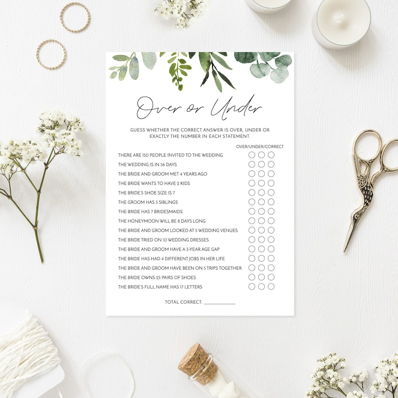 Over or Under Bridal Shower Game Printable Game Wedding - Etsy