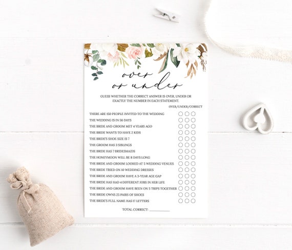 Over or Under Bridal Shower Game Printable Game Floral | Etsy