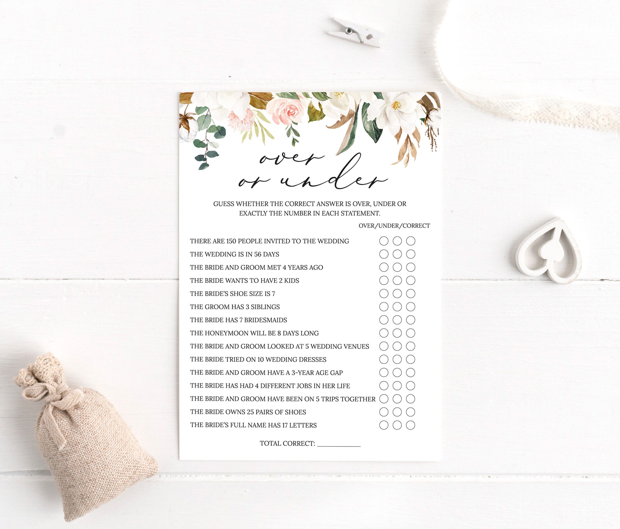 Over or Under Bridal Shower Game Printable Game Floral | Etsy