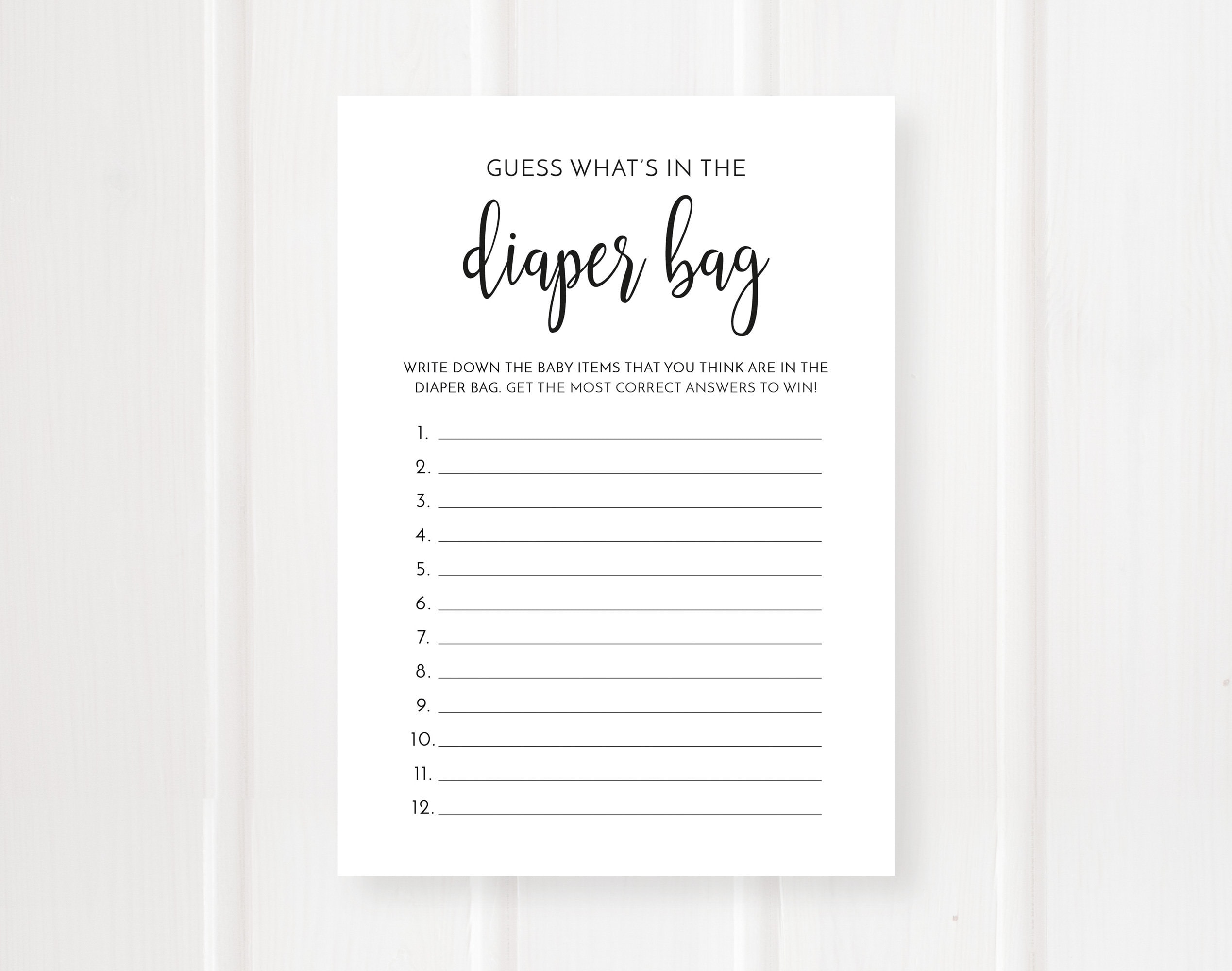 Baby Shower Diaper Bag Game, Guess What's in the Diaper Bag, Printable