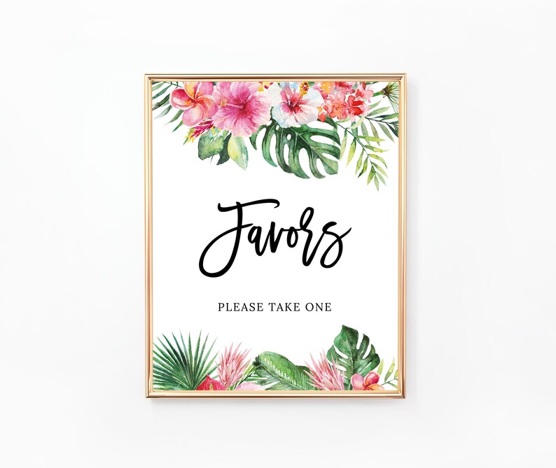 Pu&ograve; includere: Un cartello stampabile con un design floreale tropicale e il testo "Favors" e "Please take one".