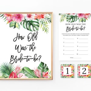Hoe oud was de bruid als spel, teken en kaarten, bloemenvrijgezellenfeest, bruiloftsdouchespellen, tropisch, Hawaiiaans, roze, digitaal bestand, BR025