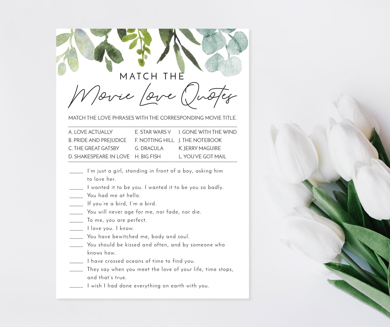 Movie Love Quotes Game Printable Bridal Shower Game - Etsy